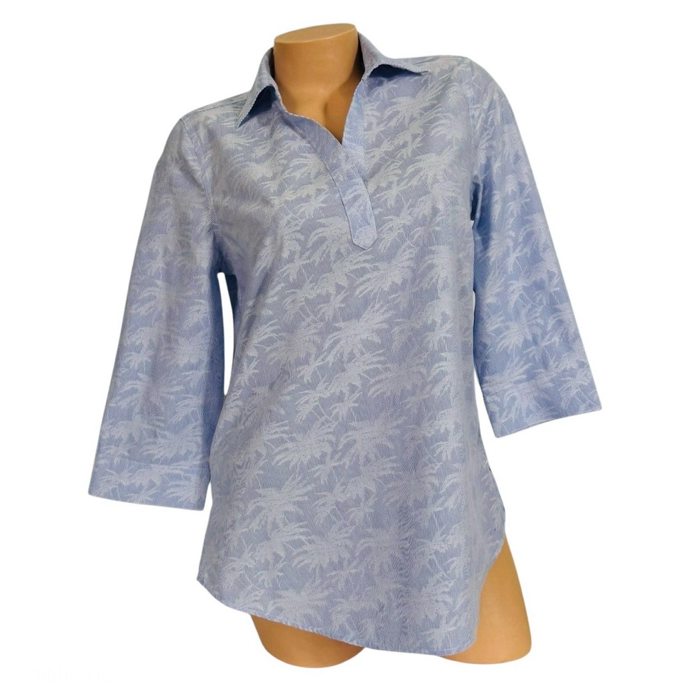 Chico's Women's Size 0 (4/6) Palm Print Top Collared V-Neck 3/4 Sleeves Blouse